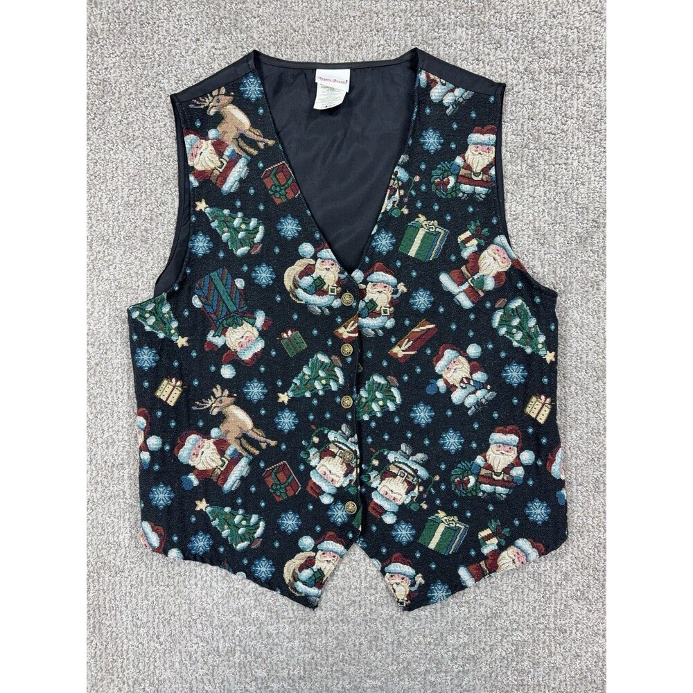 Vintage Bobbie Brooks Vest Womens Large Black Tapestry Christmas Santa Holiday